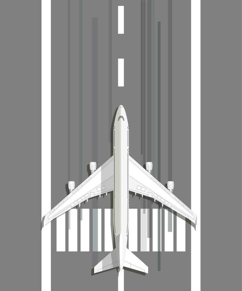 white civil aviation airplane standing on landing strip before take off, vector illustration in flat design