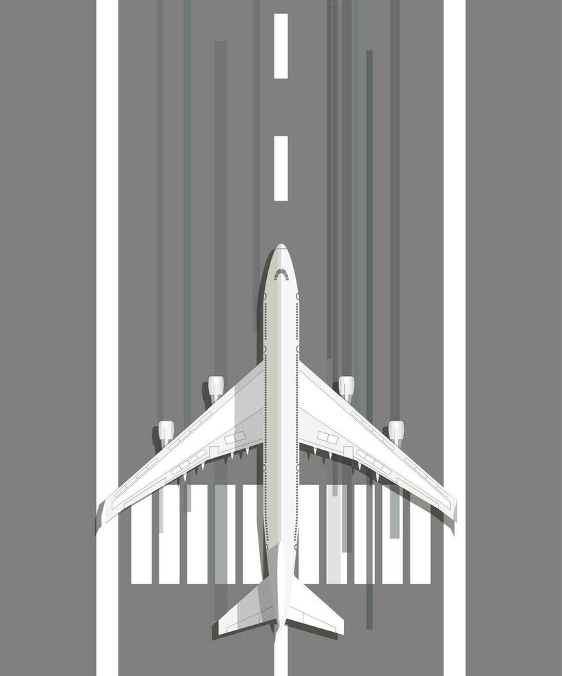 blanco civil aviación avión en pie en aterrizaje tira antes de tomar apagado, vector ilustración en plano diseño