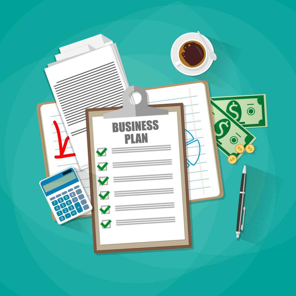 Business plan document papers. clipboard with checklist, money cash, coins, calculator, pen, coffee cup. top view, vector illustration in flat design on green background