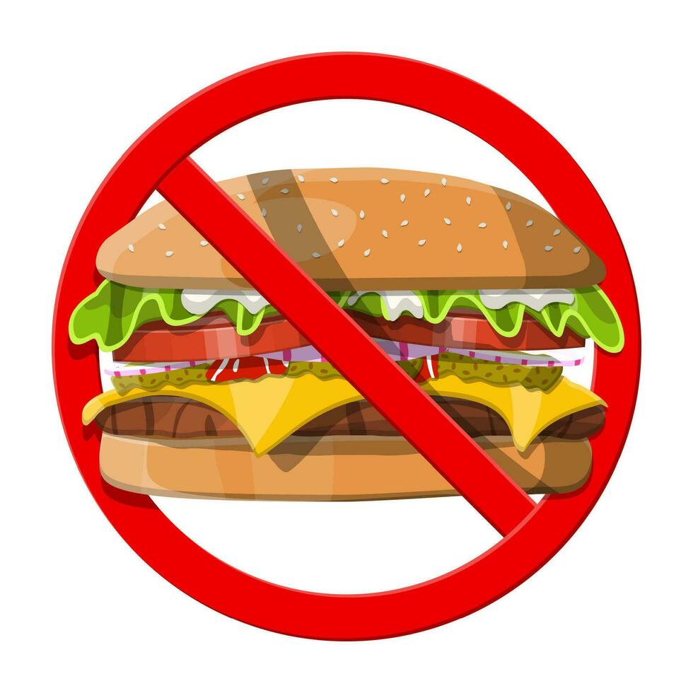 No rápido comida permitido. prohibición hamburguesa símbolo. prohibido hamburguesa con queso, prohibido insalubre Comida rápida. rechazando basura alimento, meriendas. gordo, exceso de peso. vector ilustración en plano estilo