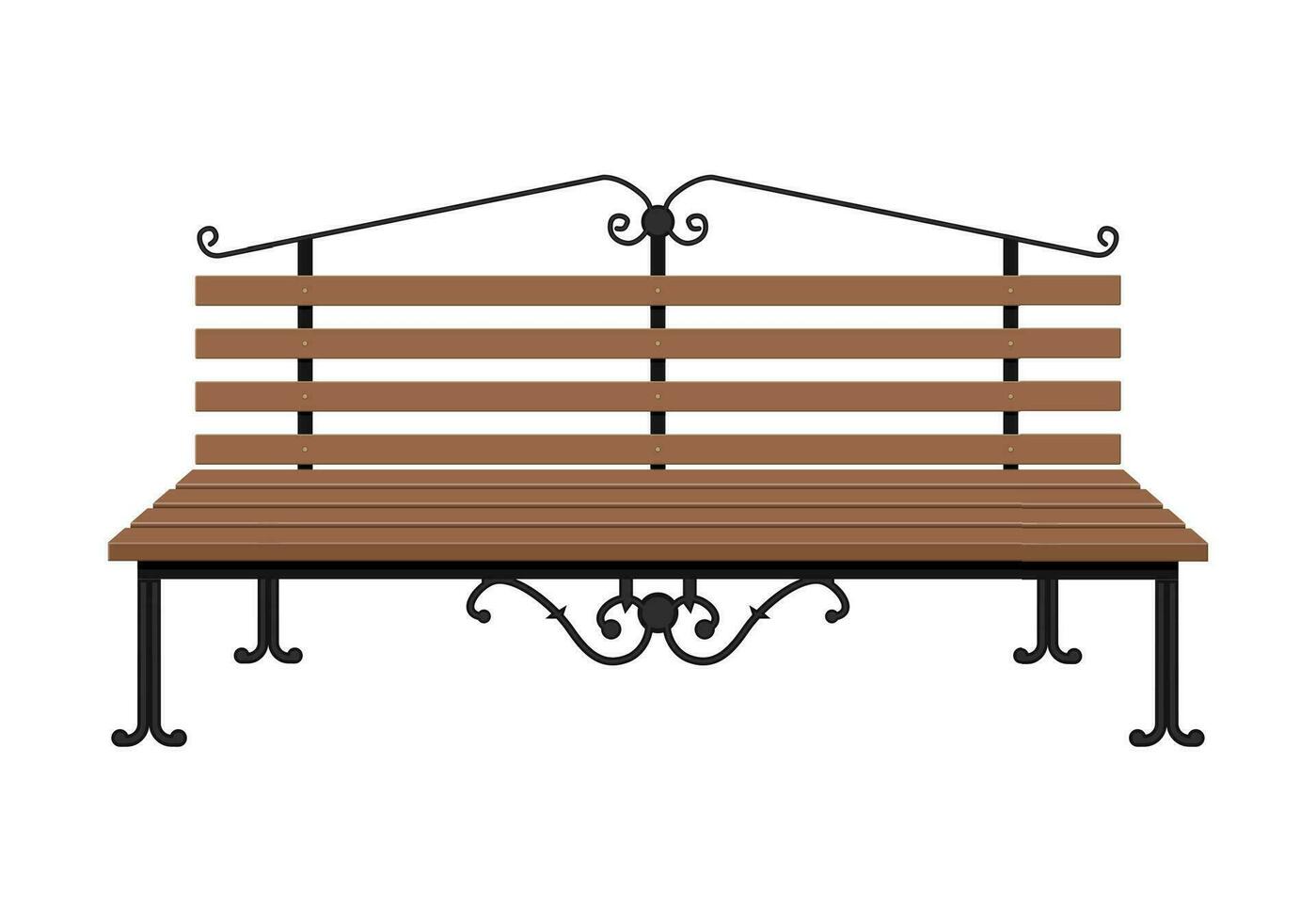 Wooden bench isolated on white background. City park bench with decorative iron elements. Vector illustration in flat style