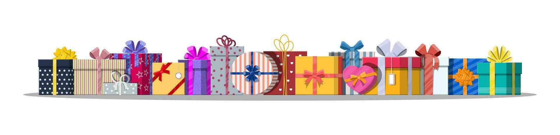 Set of gift boxes isolated on white. Colorful wrapped. Sale, shopping. Present boxes different sizes with bows and ribbons. Collection for birthday and holiday. Vector illustration in flat style