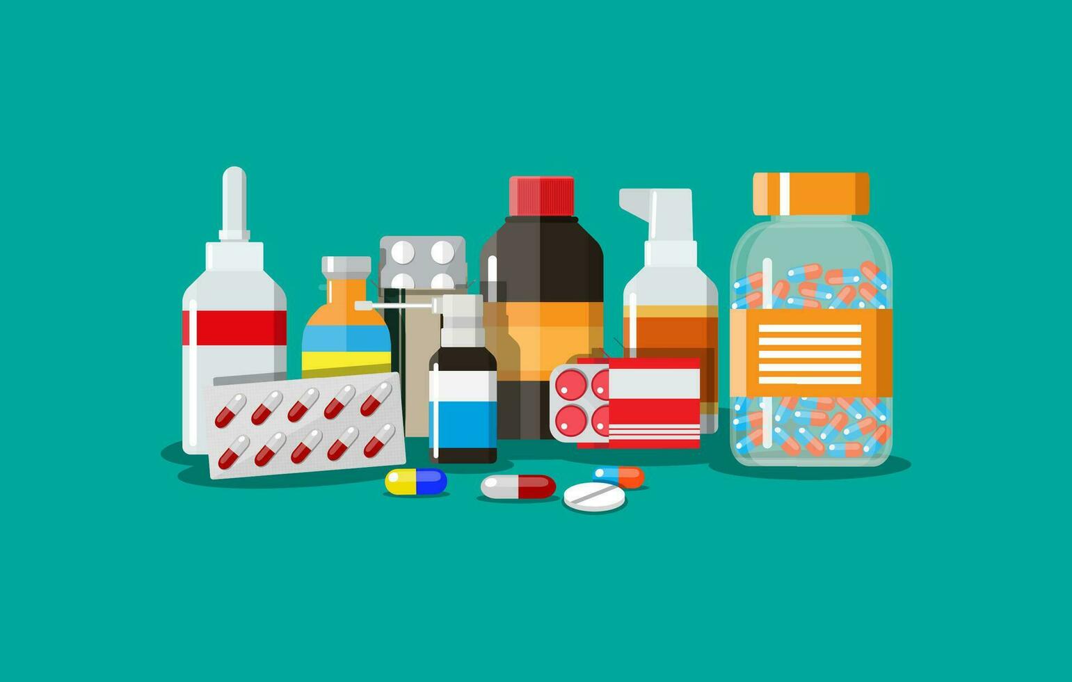 Different medical pills and bottles, healthcare and shopping, pharmacy, drug store. Vector illustration in flat style