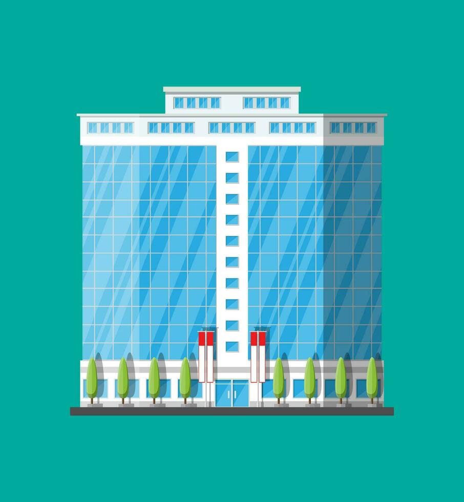 oficina edificio exterior. comercial edificio, hotel, negocio centro. rascacielos moderno ciudad casa. vector ilustración en plano estilo