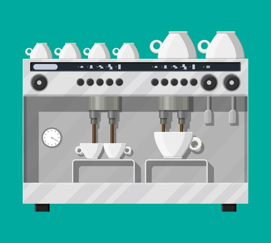 Big professional coffee machine for restaurants bars pubs. Coffee maker with cups. Vector illustration in flat style