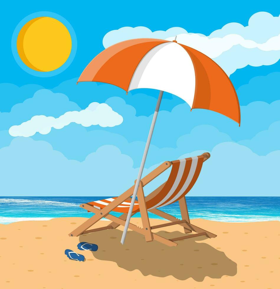 Landscape of wooden chaise lounge, umbrella, flip flops on beach. Sun with reflection in water and clouds. Day in tropical place. Vector illustration in flat style