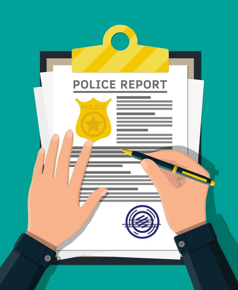 Clipboard with police report and pen in hand. Report sheet with gold police badge. Legal fine document and stack of papers with stamp. Vector illustration in flat style