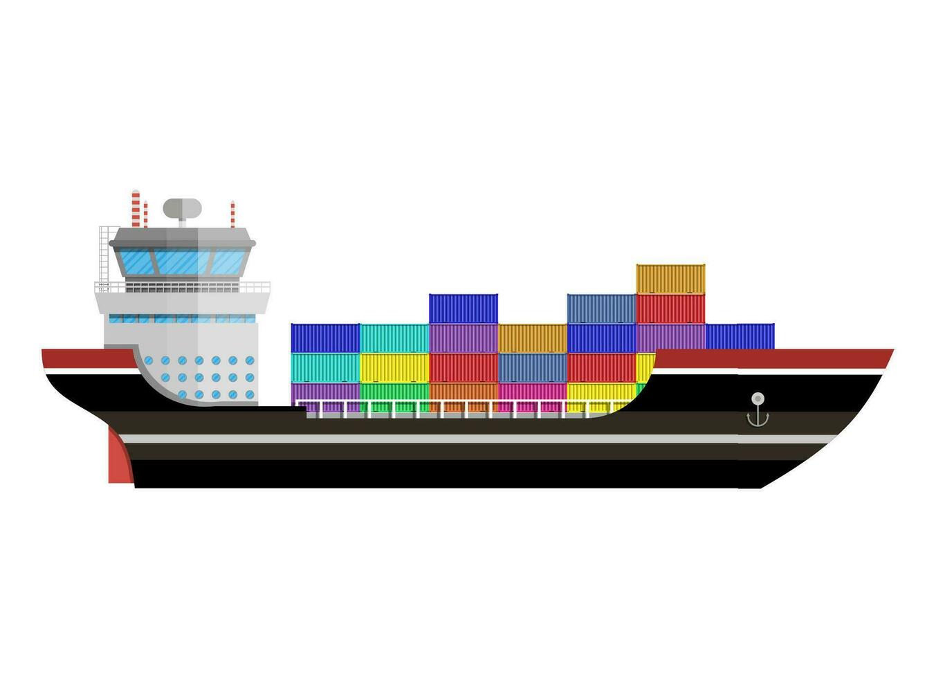 Cargo ship. Freight shipping by water. Commercial container ship, industrial and logistic, vector illustration in flat design isolated on white background