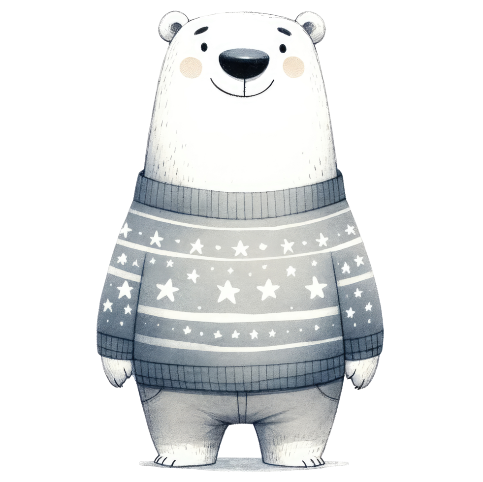 AI generated Polar bear dressed in a cozy, long-sleeved sweater decorated with stars png