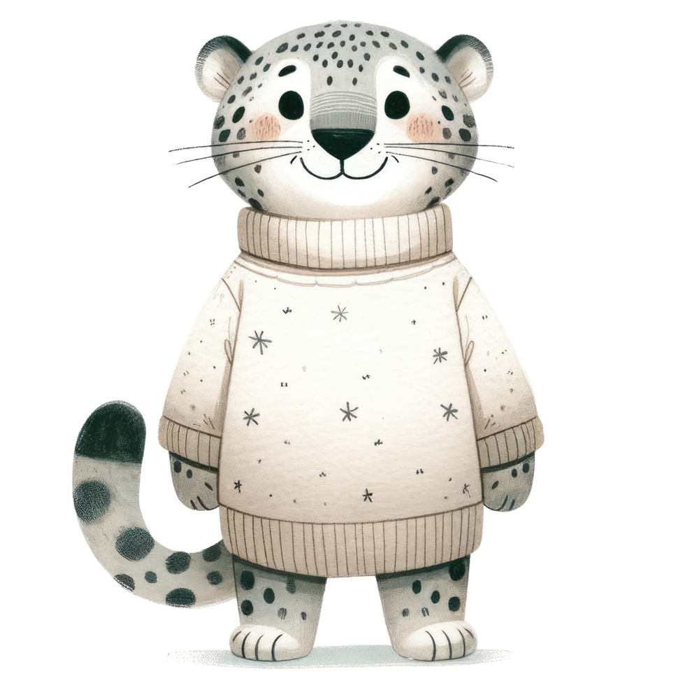 AI generated Snow leopard dressed in a cozy, long-sleeved sweater decorated with stars png
