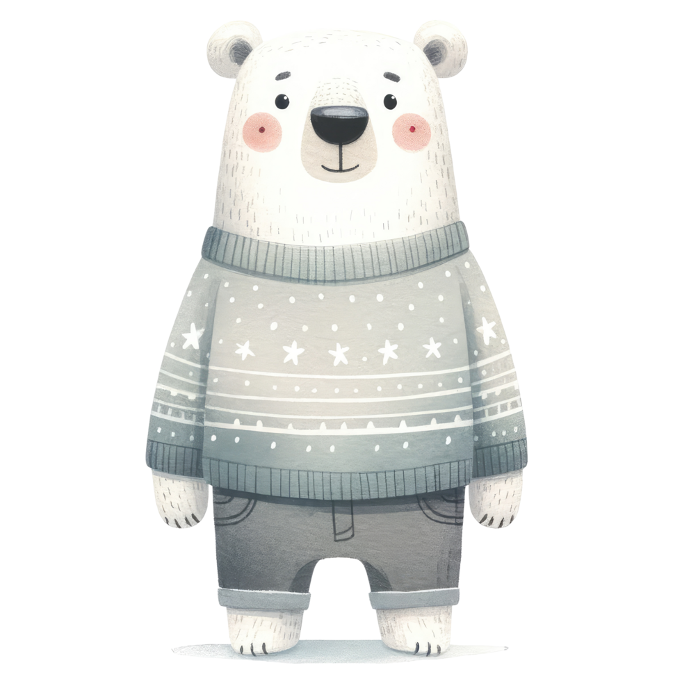 AI generated Polar bear dressed in a cozy, long-sleeved sweater decorated with stars png