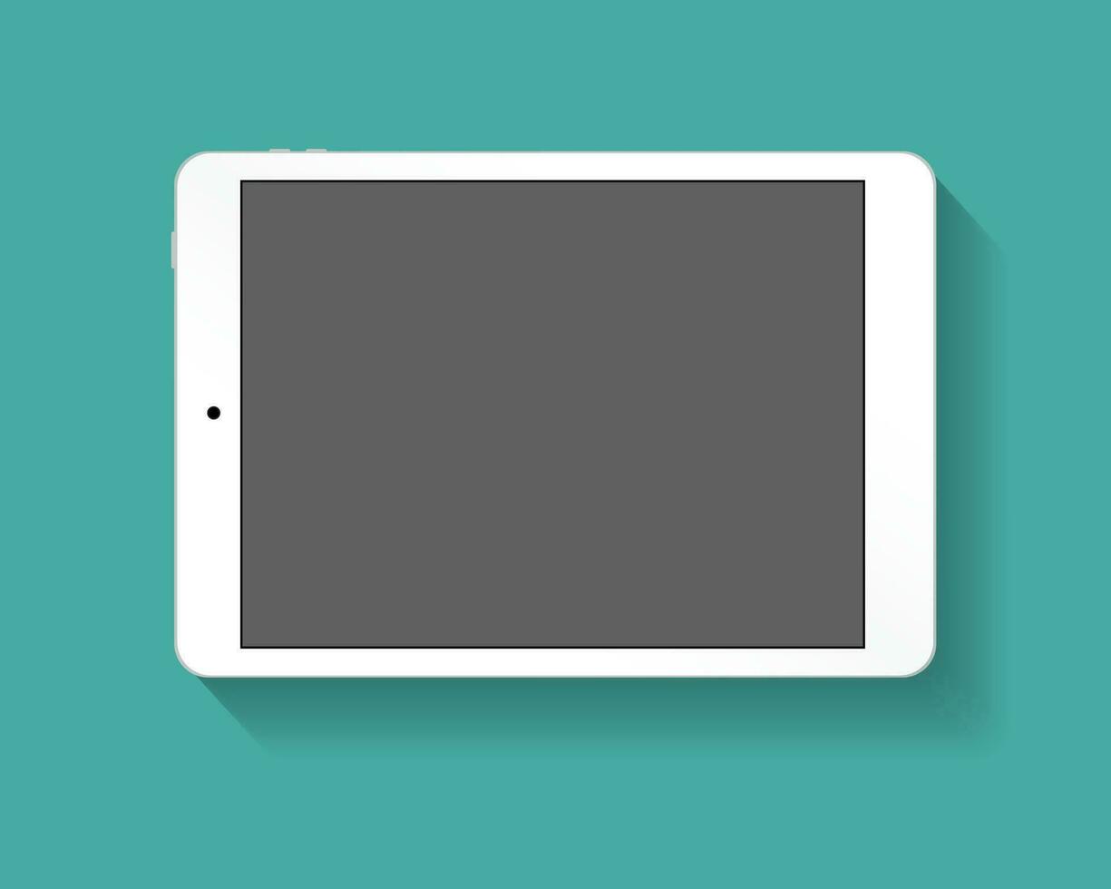 White tablet computer at green backgound with shadow. Vector illustration in flat design. Concept for web design, promotion templates, infographics. vector illustration