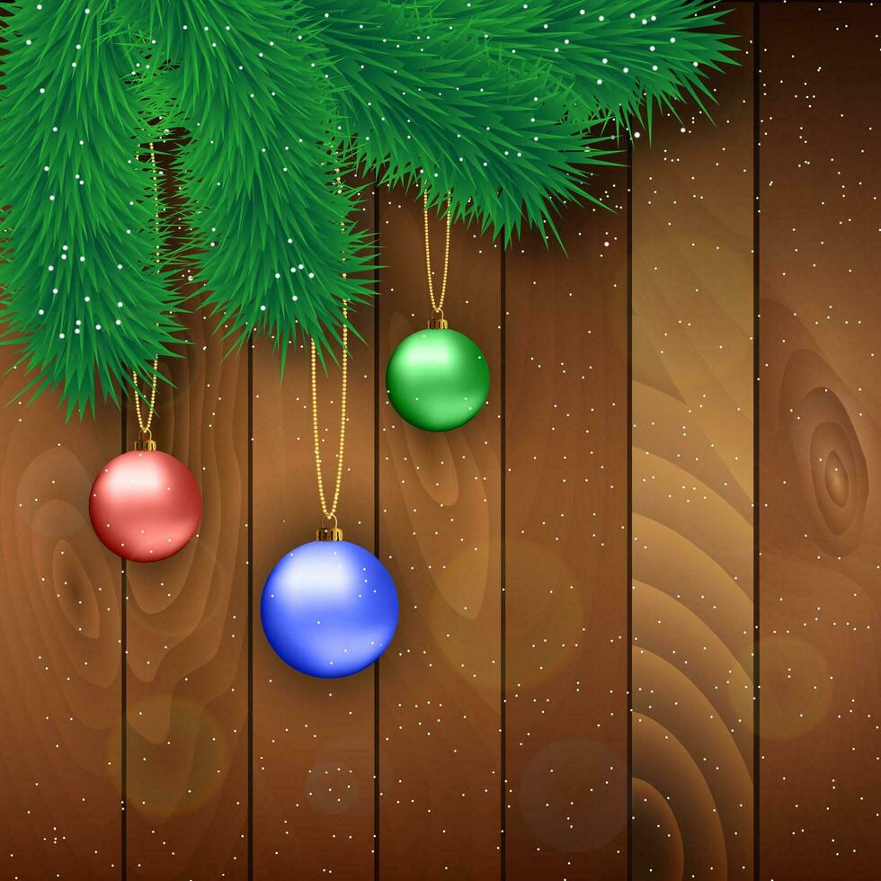 Navidad tarjeta con rojo , azul y verde vaso pelotas, piel ramas a de madera fondo, vector ilustración, modelo para saludo tarjeta.