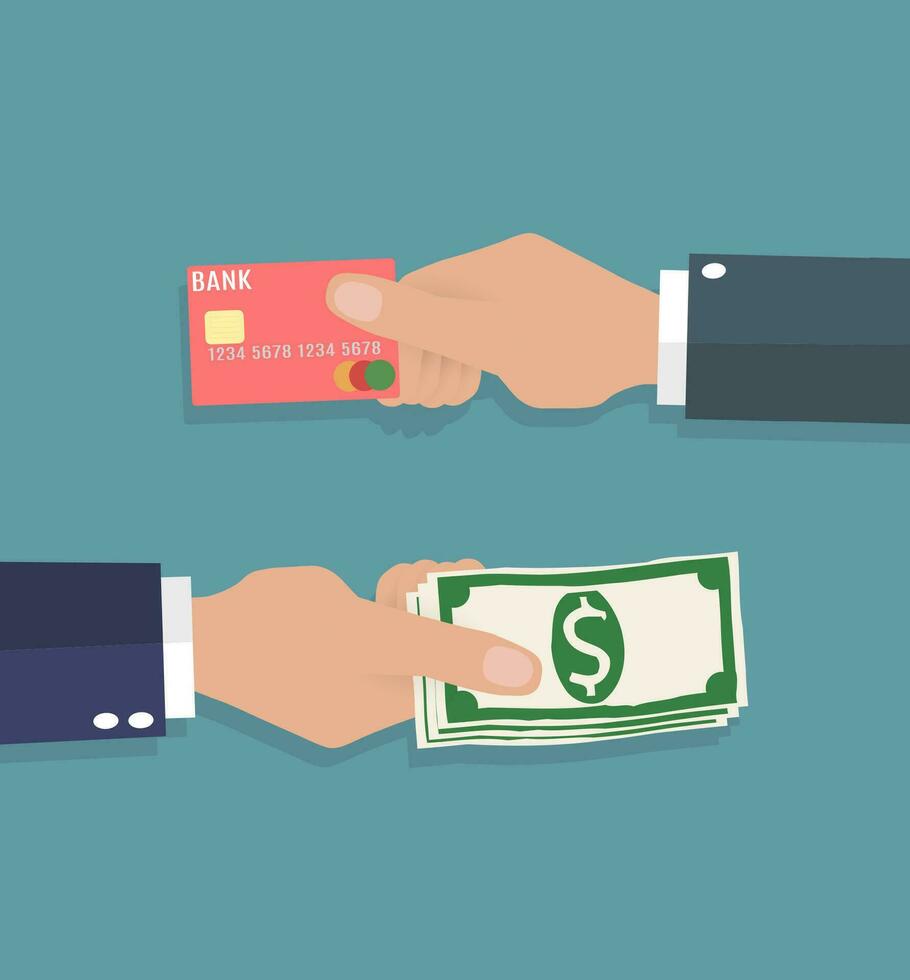 Cartoon businessman hands with credit card and cash. vector illustration on blue background in flat design