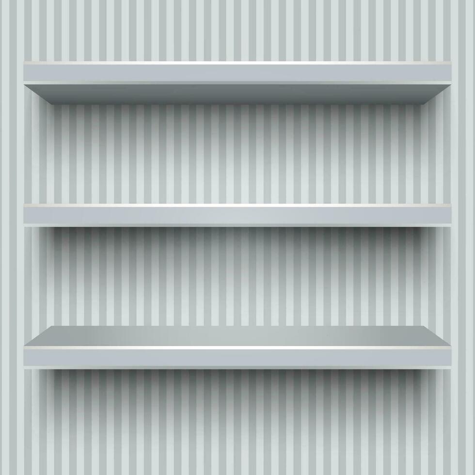 Three empty grey plastic shelves with shadows on striped wall background. vector illustration