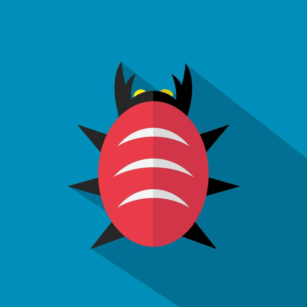 Red cartoon bug icon on blue background with long sjadow. vector illustration. template for mobile devices web design