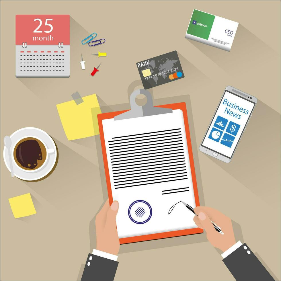 cartoon Business Man hands Signature Document,  top view of office desk,coffee cup, sticky notes, smartphone, credit card, calendar. vector illustration in flat design.