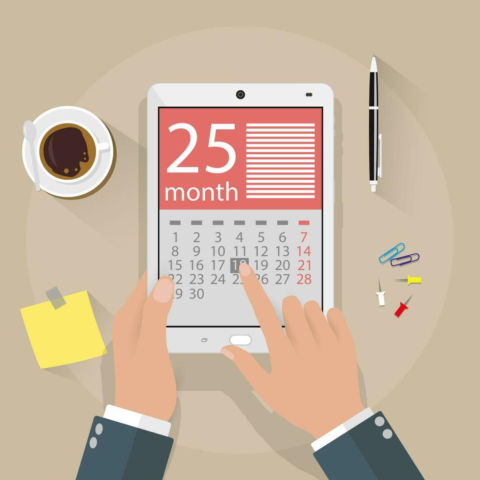 cartoon businessman clicks on the day calendar app on a tablet computer. top view background of office desk with coffee cup, pen, sticky notes. vector illustration in flat design