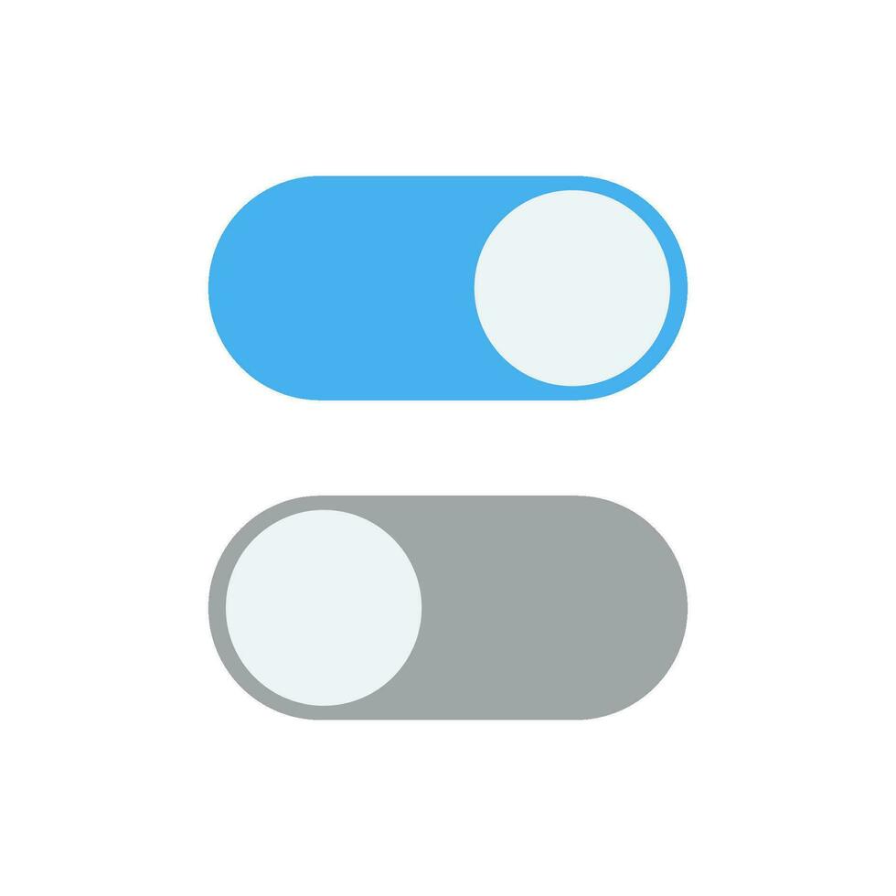Toggle switch icon, blue in on position, grey in off, vector illustration in flat design. template for mobile applications, web design