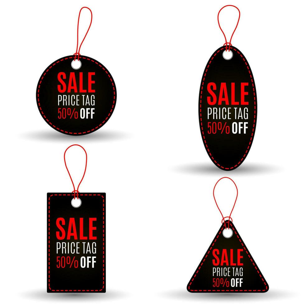 conjunto de negro rebaja etiquetas con rojo puntada y cuerda en blanco antecedentes. círculo, triangular, cuadrado formularios idea para promoción, web diseño. vector ilustración