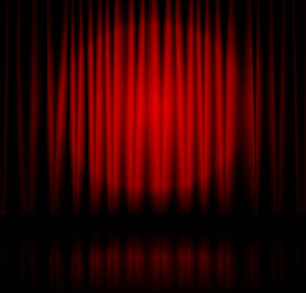 Red spotlight on stage theatre curtain with reflection on floor. Vector illustration