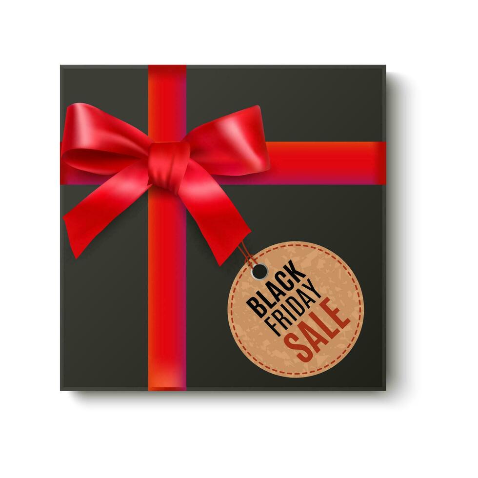 Black gift box top view with red bow and black friday sale price tag in grunge style at white background. retail, discount, special offer. vector illustration