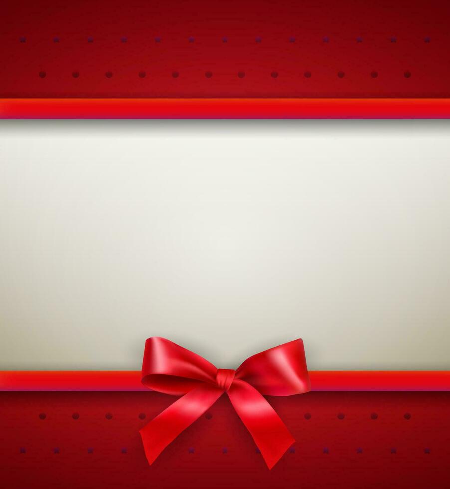 White text place with red ribbons and bow at red background with dots and stars. template for greetings christmas new year card. vector illustration