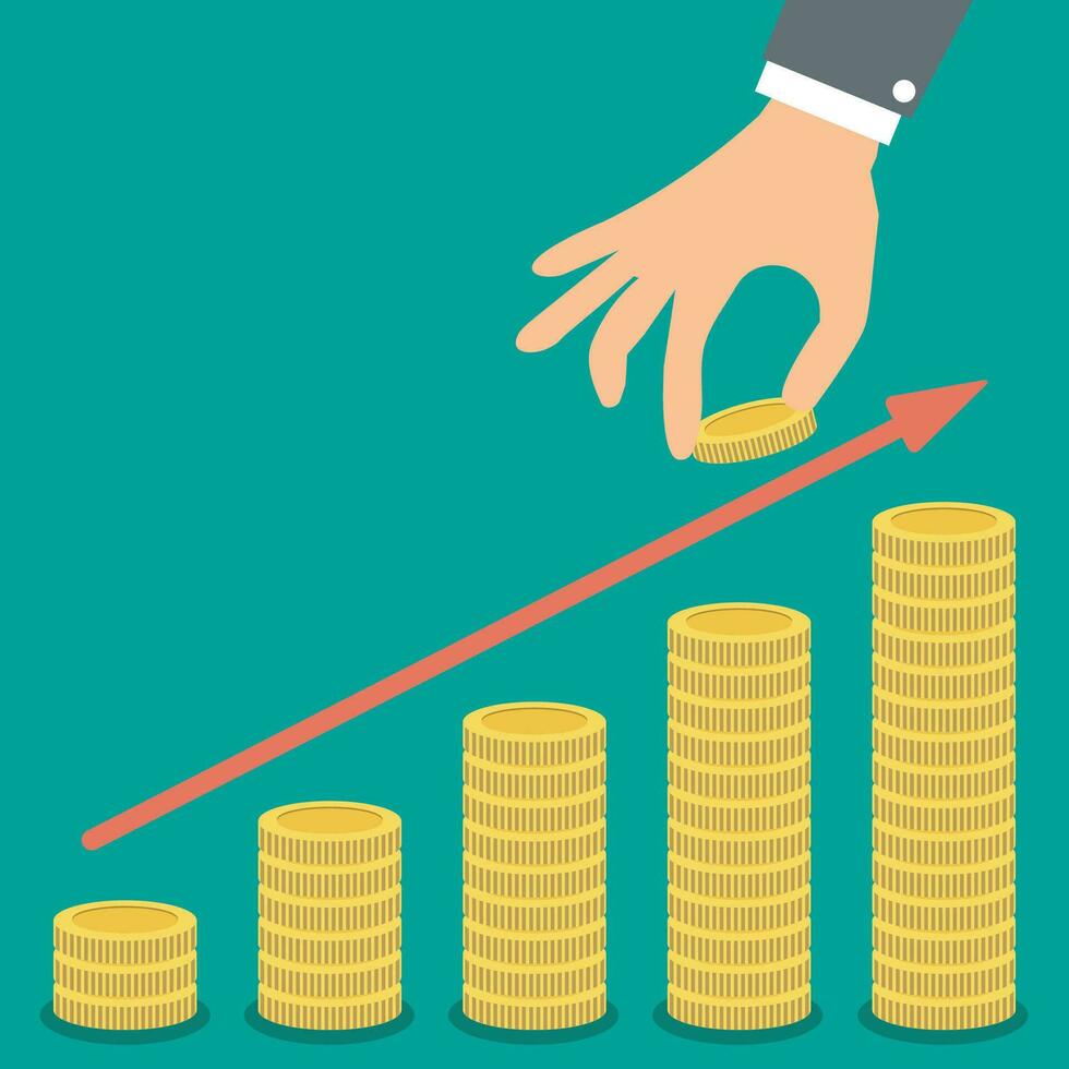 Buisness man hand hold gold coin and growth stacks with coins with red arrow on green backgound vector illustration in flat design. infographics web design elements