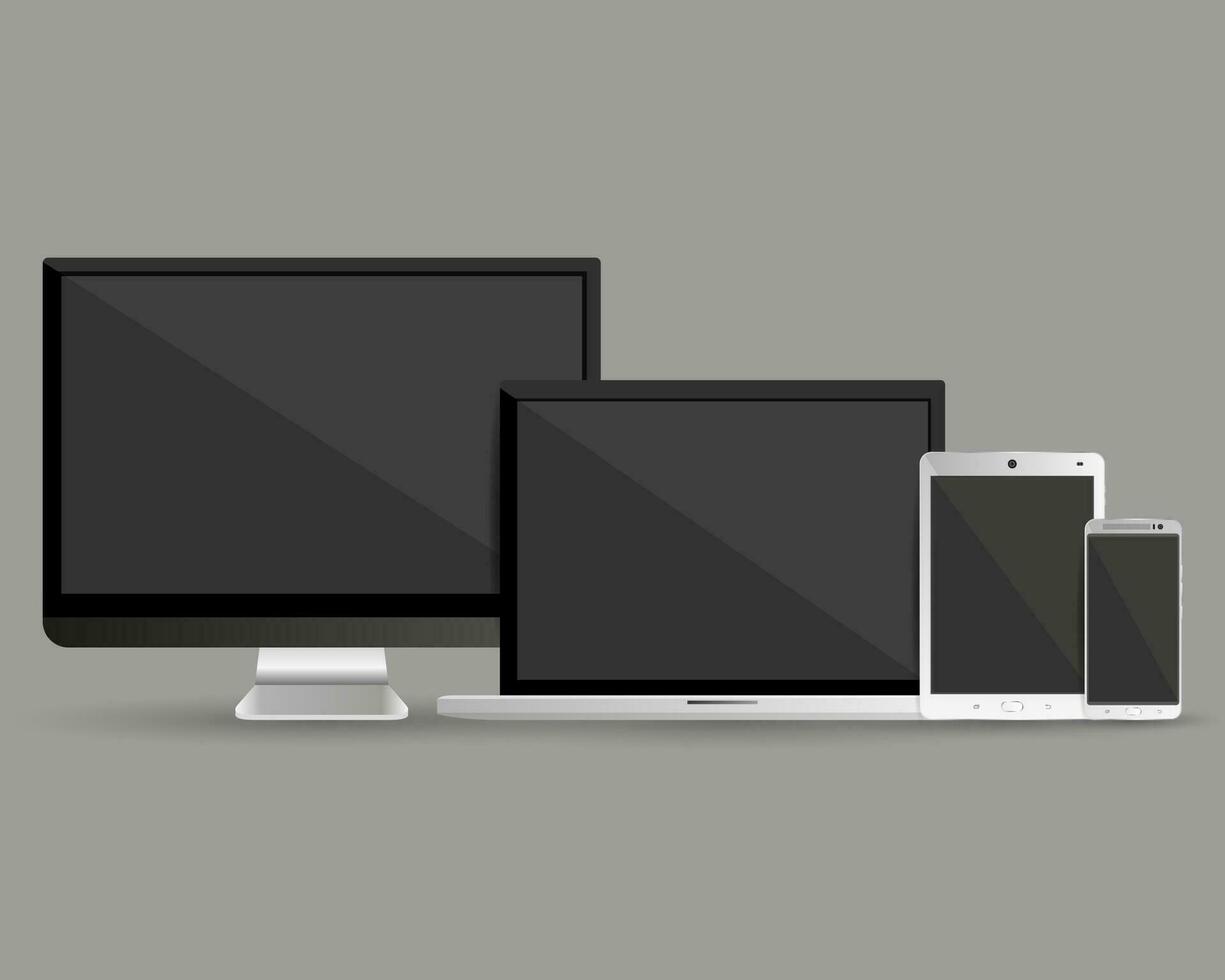 Modern devices set. Computer monitor, smartphone, laptop and tablet pc. Vector illustration on grey background