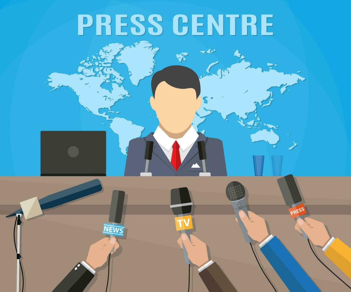 Press conference, world live tv news, interview. hands of journalists with microphones. vector illustration in flat style on blue background with world map