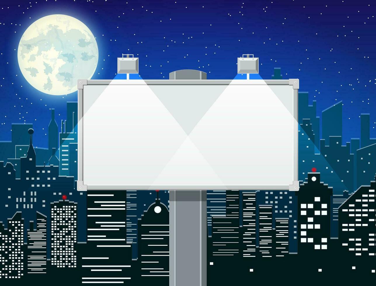 Empty urban big board or billboard with lamp. Blank mockup. Marketing and advertisement. Night cityscape background with buildings, sky, stars, moon. Vector illustration in flat style