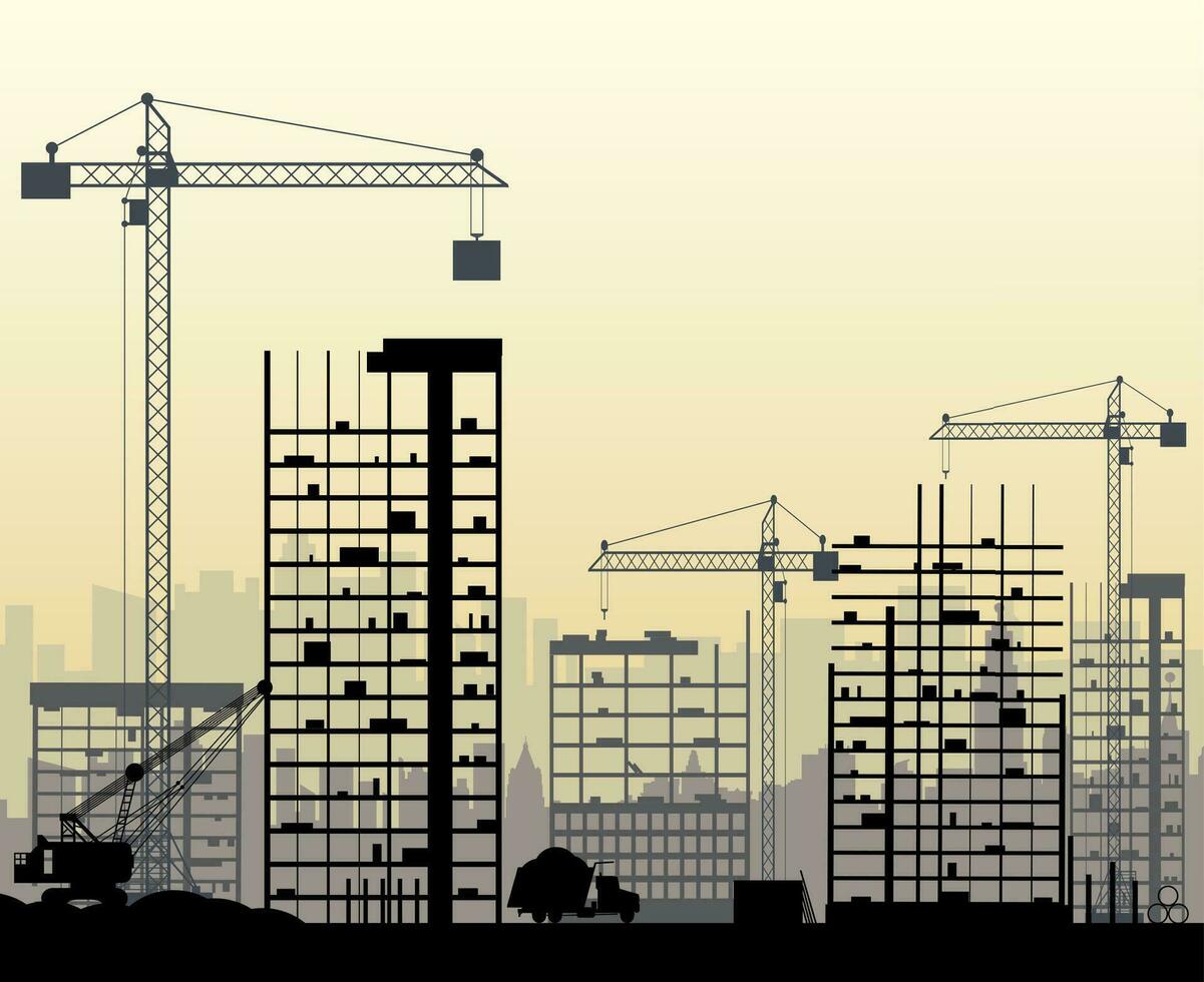 construcción sitio con edificios y grúas rascacielos debajo construcción. excavador, tugurio camión, volquete. vector ilustración, brumoso cielo y paisaje urbano silueta