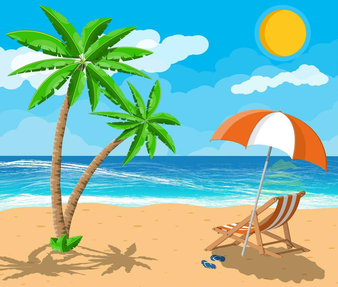Landscape of wooden chaise lounge, palm tree on beach. Umbrella and flip flops. Sun with reflection in water and clouds. Day in tropical place. Vector illustration in flat style