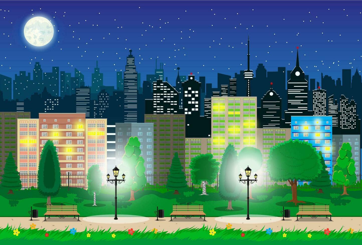 Modern city view in night. Cityscape with office and residental buildings, city park with trees and flowers, sky, moon and stars. Vector illustration in flat style