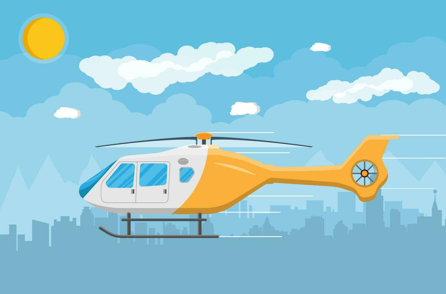 Helicopter transport, aerial vehicle with propeller, civil aviation. Cityscape, sky, clouds and sun. Vector illustration in flat style