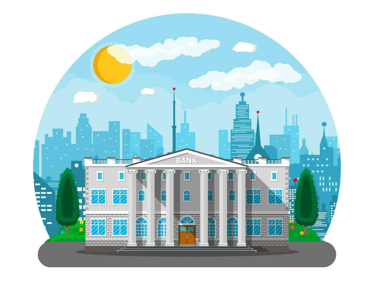 Bank building with city skylines and trees behind. Road, street. Blue sky with clouds and sun. Vector illustration in flat style