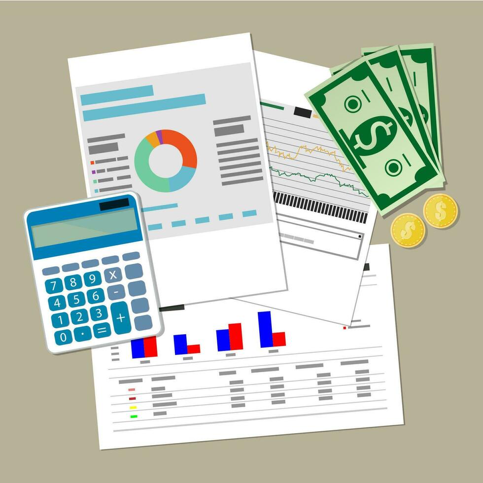 Spreadsheet concept. clipboard with financial reports, money calculator and pen. vector illustration in flat design