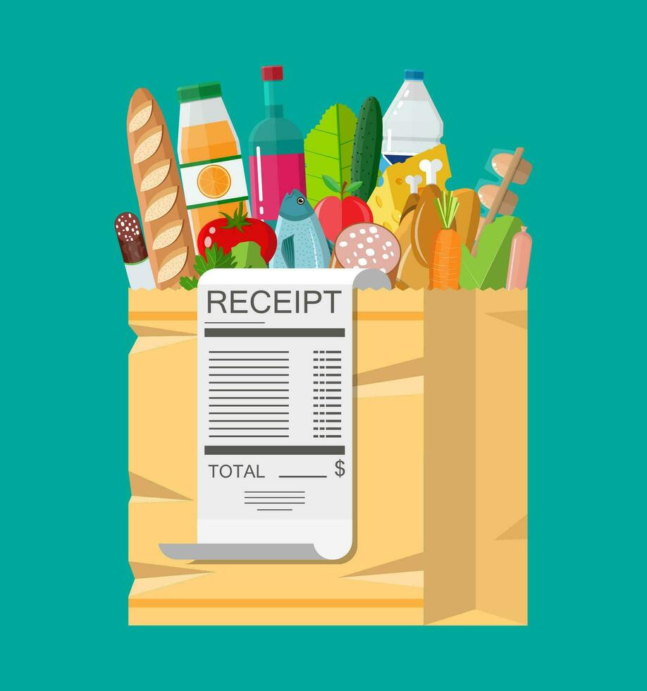 Shopping bag full of groceries products and receipt. Grocery store. Supermarket. Fresh organic food and drinks. Vector illustration in flat style