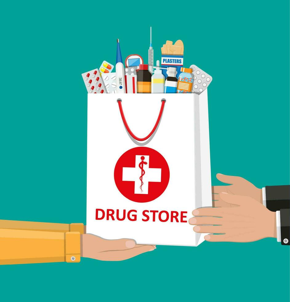 blanco compras bolso con diferente médico pastillas y botellas en mano. cuidado de la salud y compras, farmacia, fármaco almacenar. vector ilustración en plano estilo