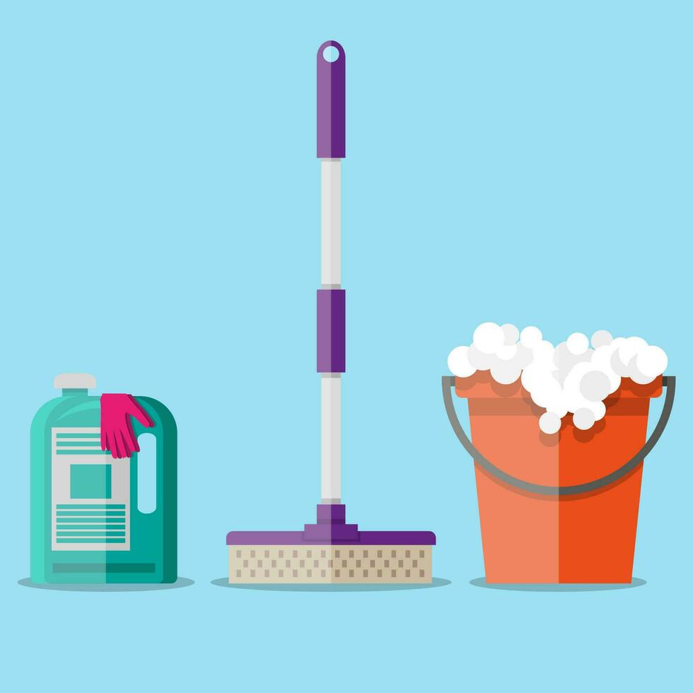 Cleaning set. MOP, red plastic bucket with foam, cleaning products in bottle for floor with rubber gloves upstairs. vector illustration in flat design on blue background