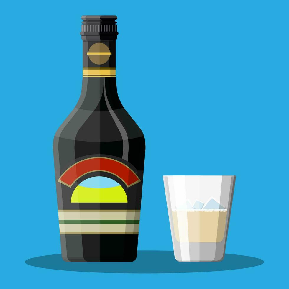 Bottle of chocolate coffee cream liquor and glass with cubes of ice. Liquor alcohol drink. Vector illustration in flat style