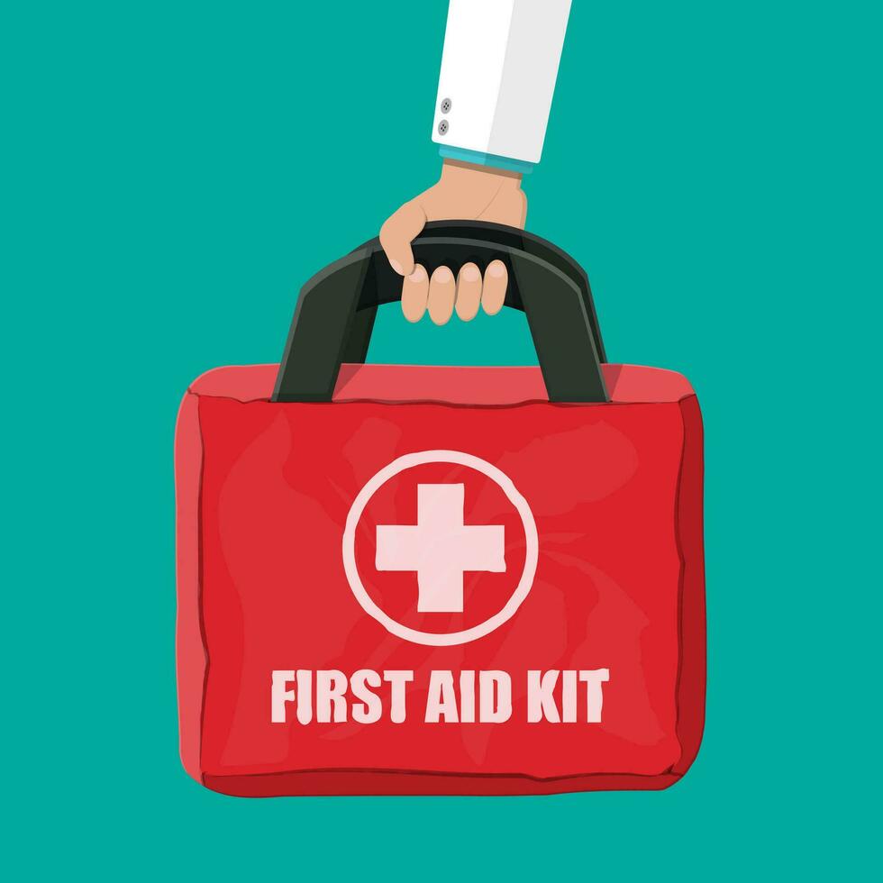 First aid kit in hand of doctor. Cloth bag for medicine. Healthcare, hospital and medical diagnostics. Urgency and emergency services. Vector illustration in flat style