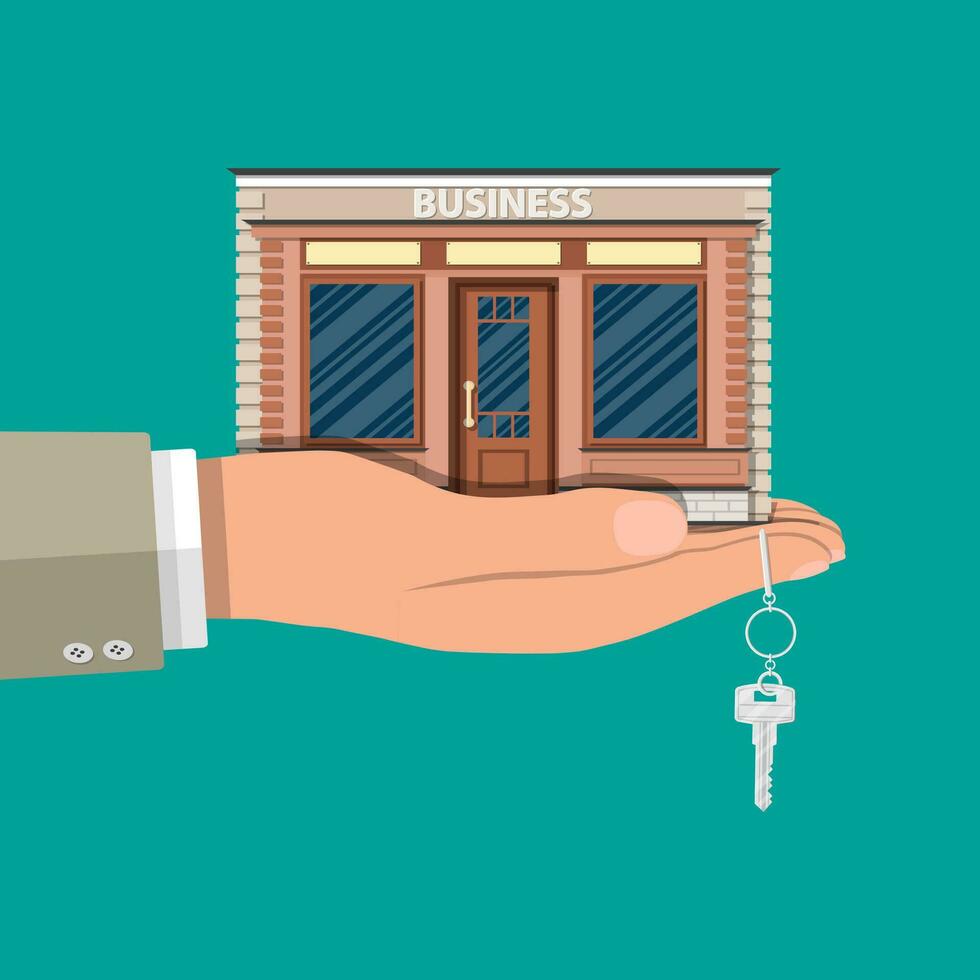 Hand holding shop or commercial property with key. Real estate business promotional, startup. Vector illustration in flat style