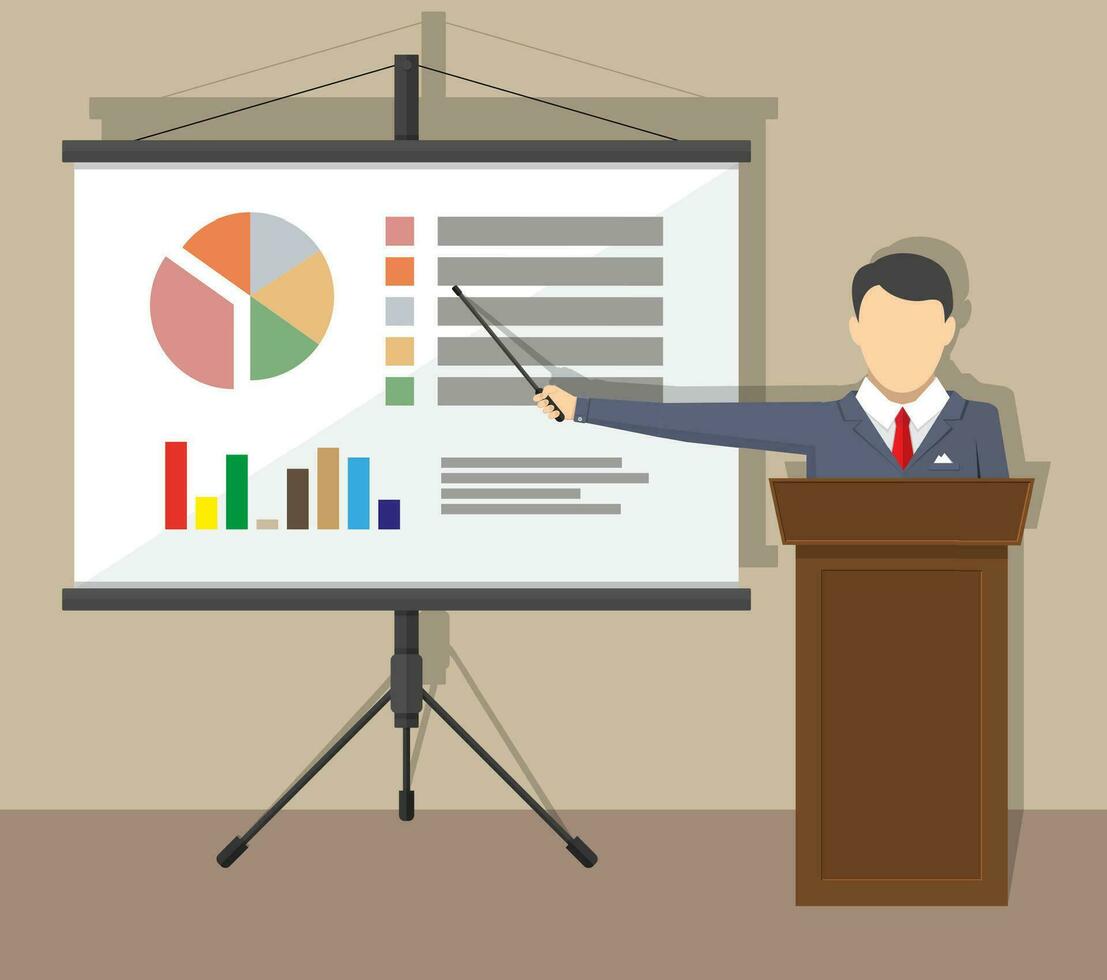 proyector pantalla con gráfico tarta y conferenciante hacer presentación. formación personal, reunión, informe, negocio escuela. vector ilustración en plano estilo