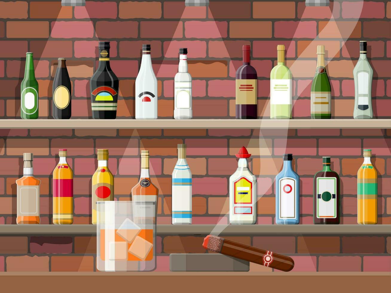 Glass of whiskey with cigar and ashtray. Drinking establishment. Interior of pub, cafe or bar. Bar counter, chairs and shelves with alcohol bottles. Vector illustration in flat style.