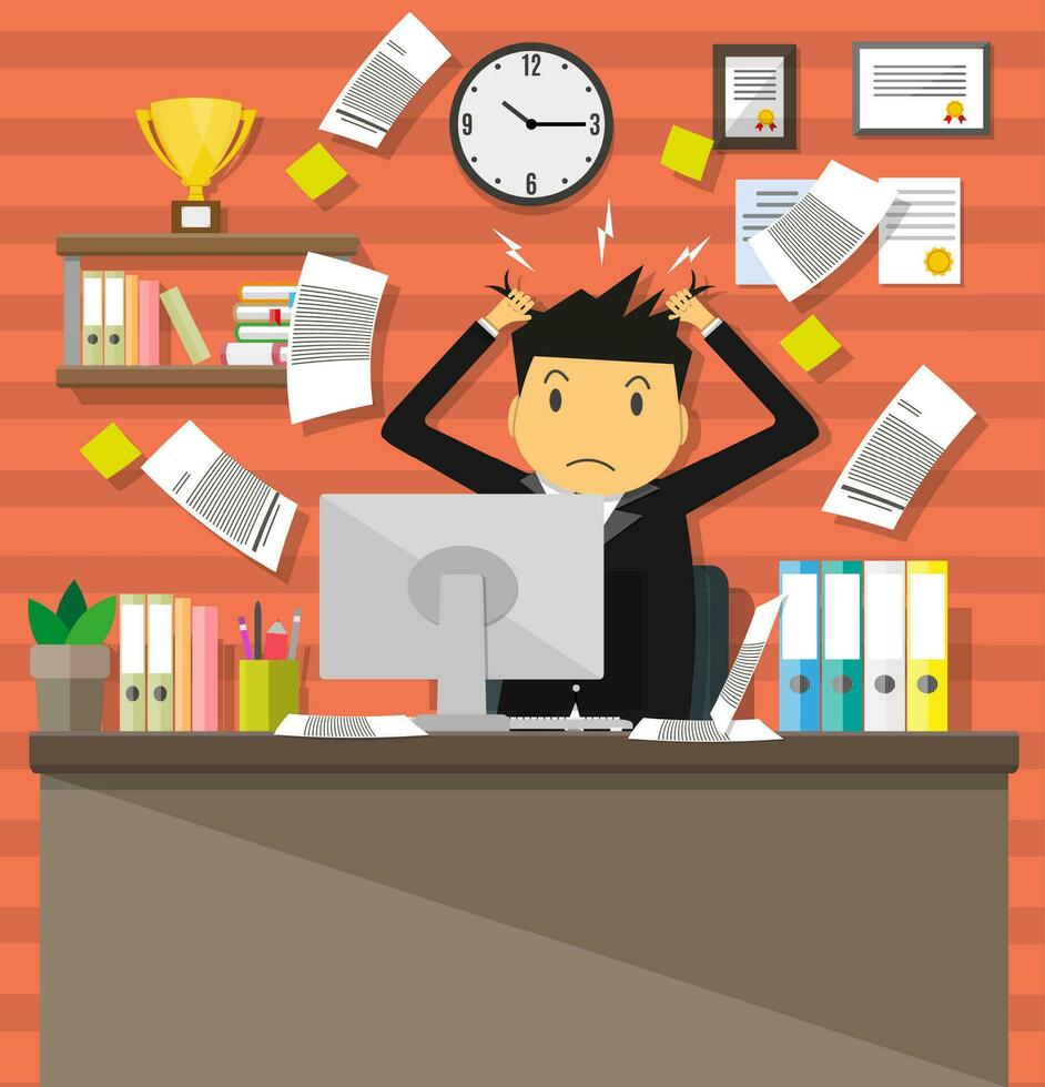 Stressed cartoon businessman in pile of office papers and documents tearing his hair out. Office workplace with pc monitor. Stress at work. Overworked. Vector illustration in flat design