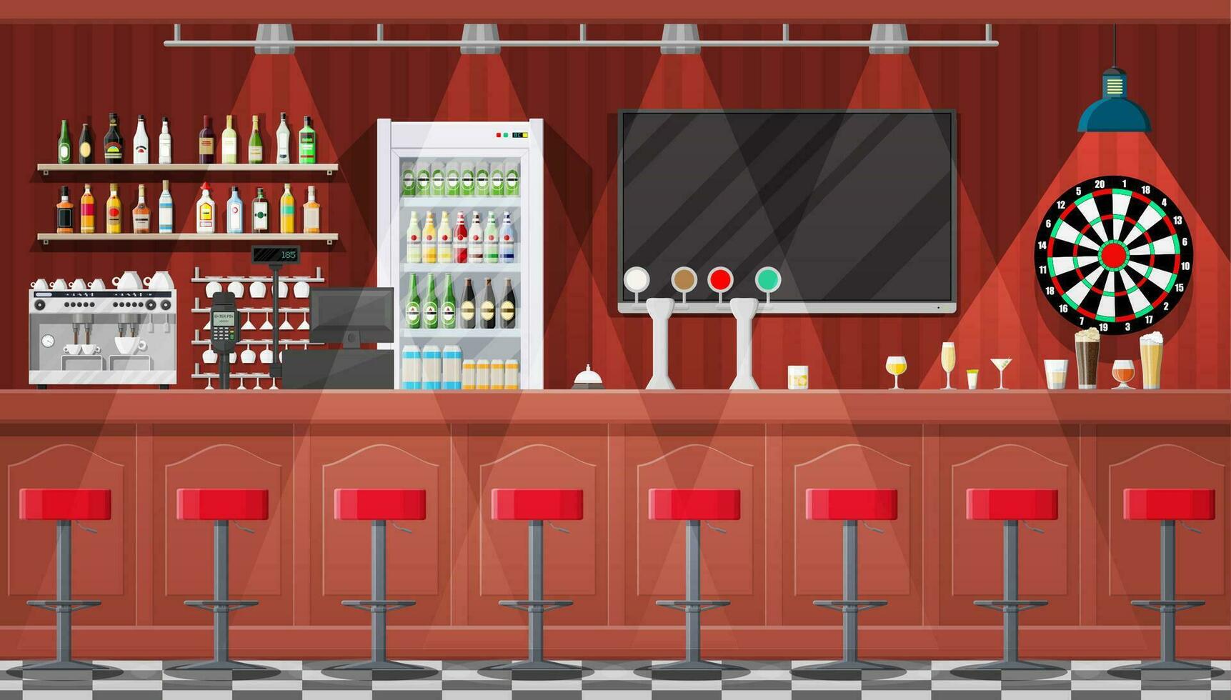 Drinking establishment. Interior of pub, cafe or bar. Bar counter, chairs and shelves with alcohol bottles. Glasses, tv, dart, fridge and lamp. Wooden decor. Vector illustration in flat style.