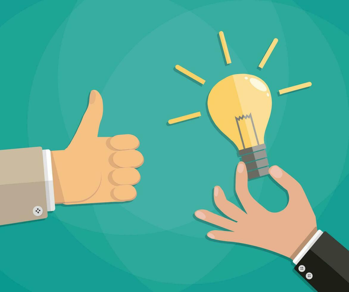 Cartoon businessman Hand holding bulb and another hand hold thumbs up. idea concept. vector illustration in flat design on green background