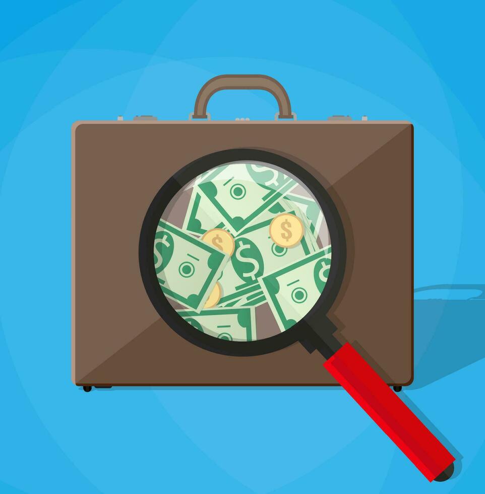 magnifier on a brown leather businessmans briefcase and see money.. vector illustration in flat design on blue background