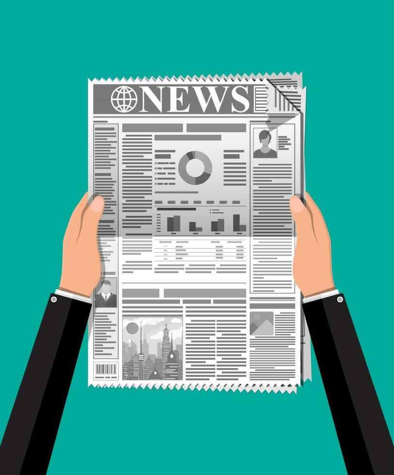 Daily newspaper in hands. News journal design. Pages with various